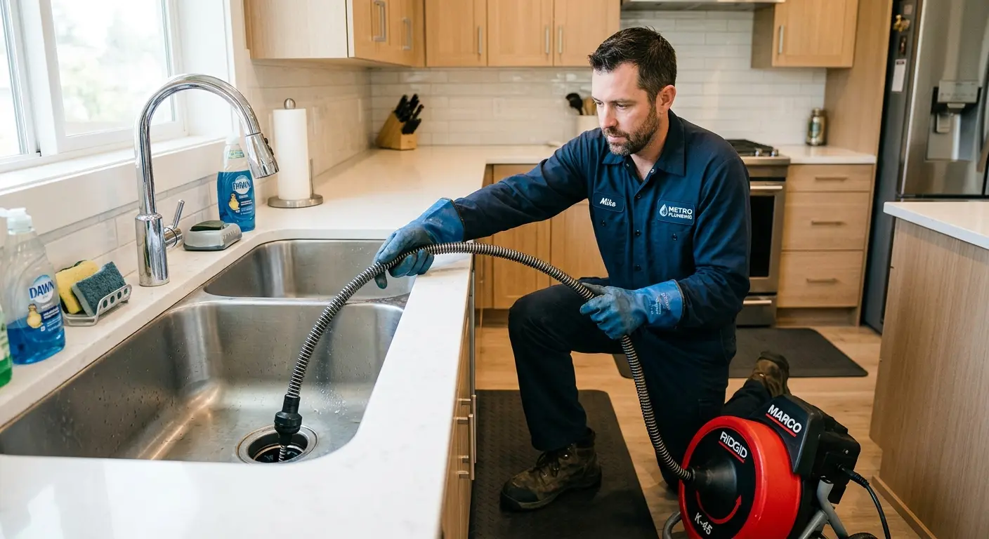 Drain cleaning technician using a motorized snake on a kitchen sink in Maplewood
