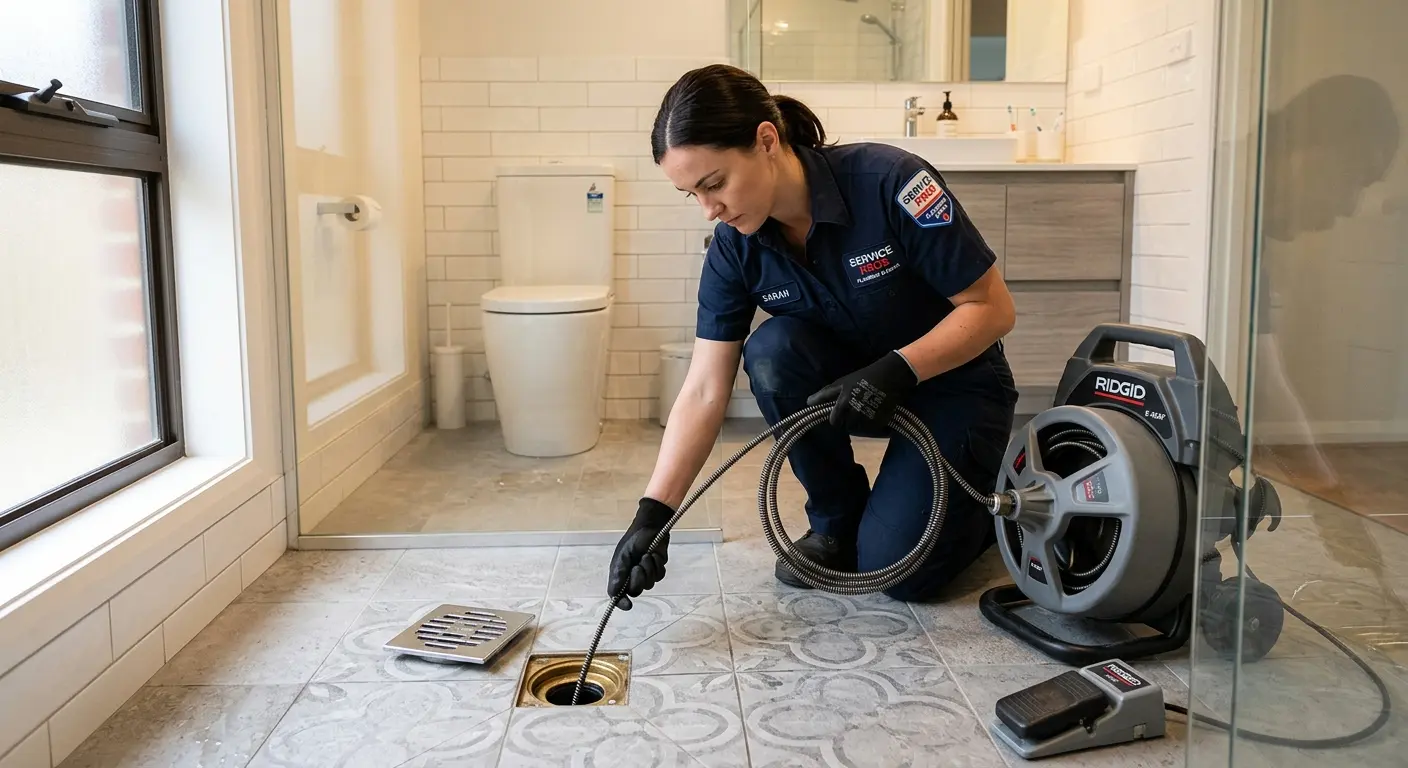Technician clearing a bathroom floor drain for Hydro Jetting in Maplewood